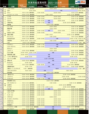 年末年始の店舗営業時間のご案内